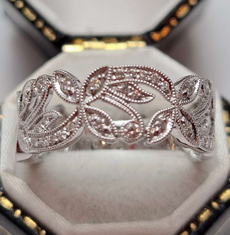 White Gold Diamond Set Filigree Ring