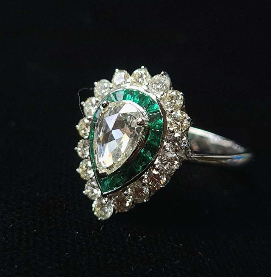 Pear Shaped Diamond and Emerald Ring