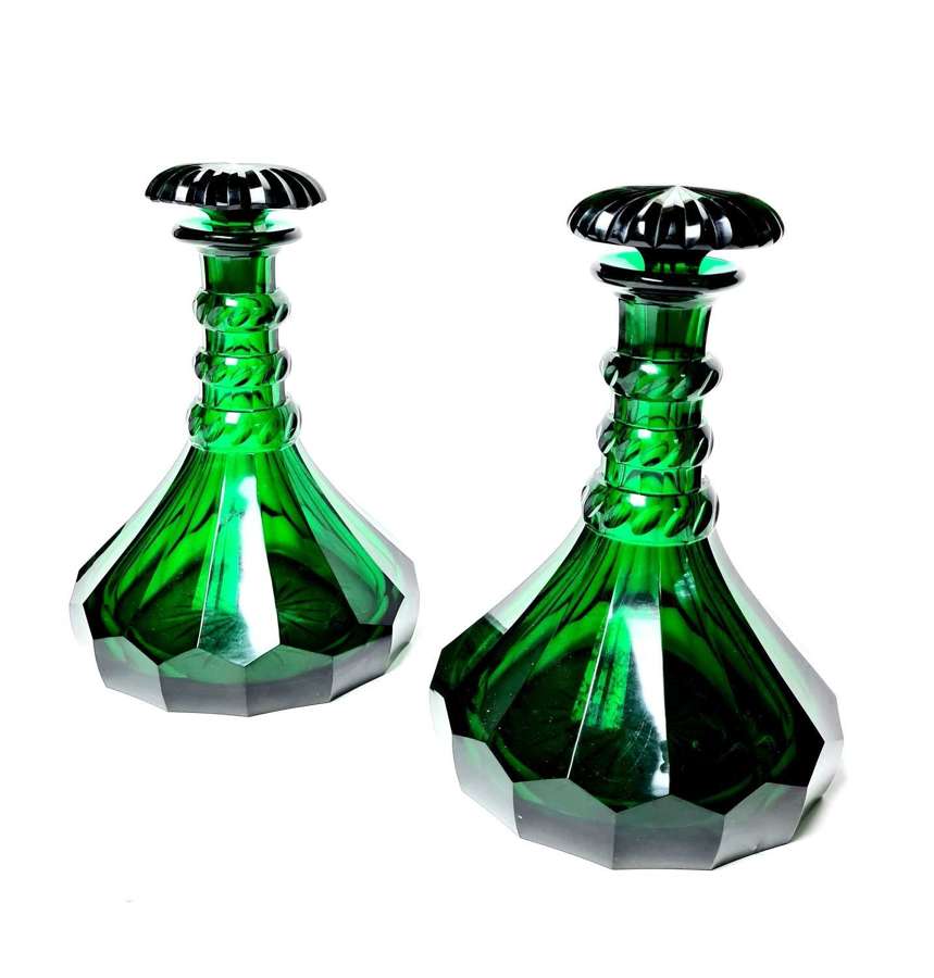 Pair of Victorian Bristol Green Ships Decanters