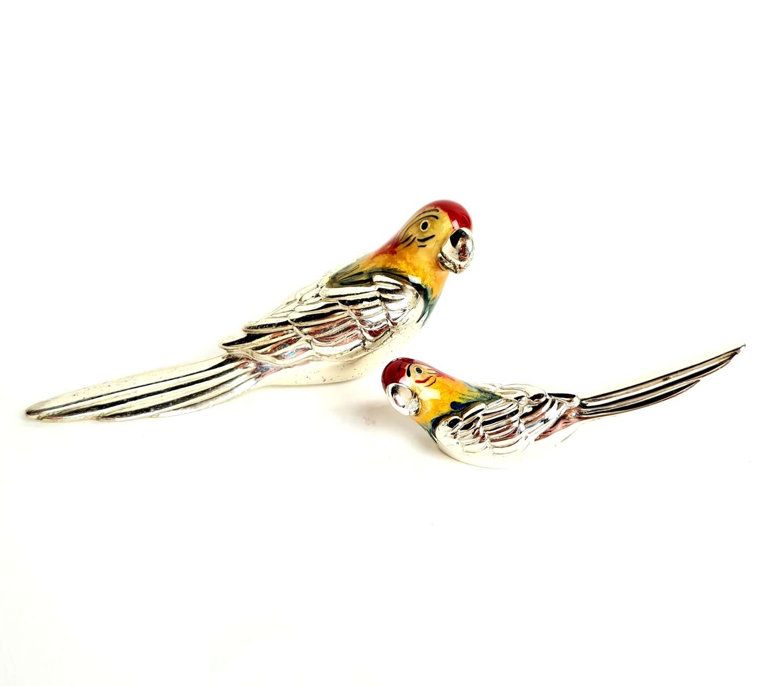 A Pair of Silver and Enamel Lovebirds