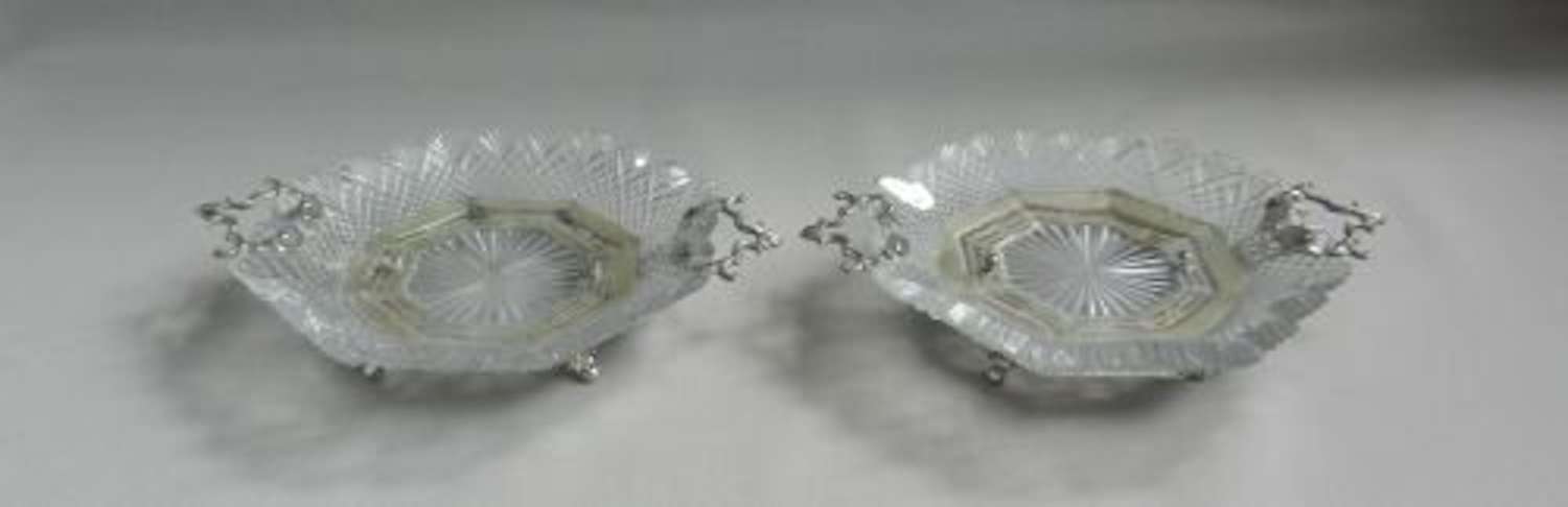 Pair Antique Silver & Cut-Glass Sweet Dishes