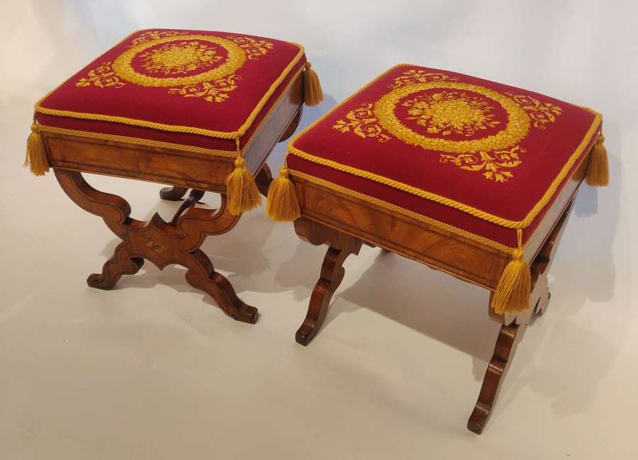 A VERY RARE PAIR OF REGENCY SATIN BIRCH AND SHELL INLAID STOOLS