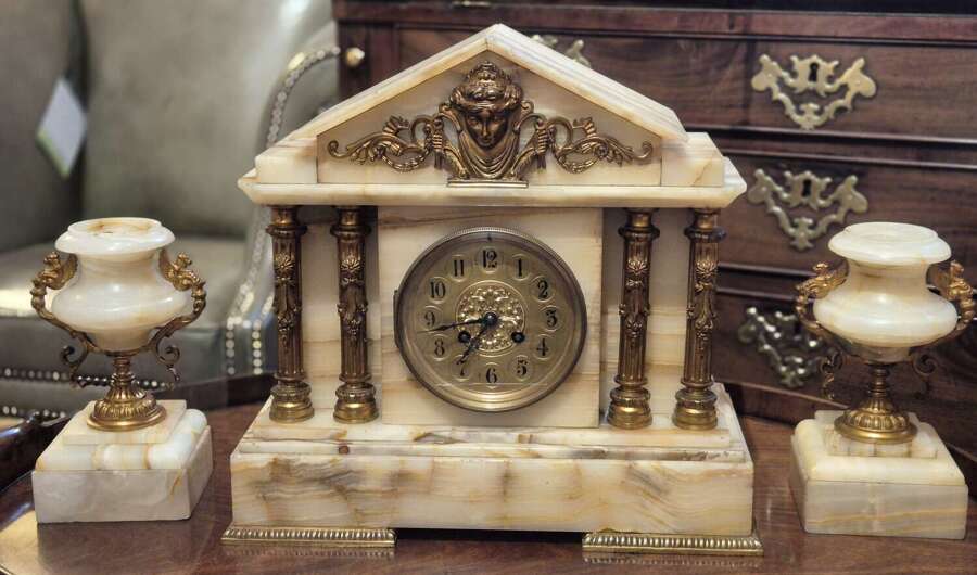 Onyx and Gilt Metal Clock with Garniture